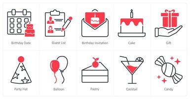 A set of 10 Party and Celebration icons as birthday date, guest list, birthday invitation vector