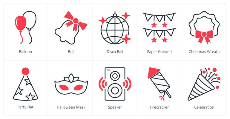 A set of 10 Party and Celebration icons as balloon, bell, disco ball