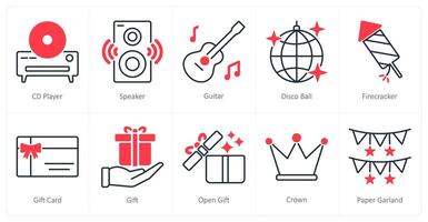 A set of 10 Party and Celebration icons as cd player, speaker, guitar vector