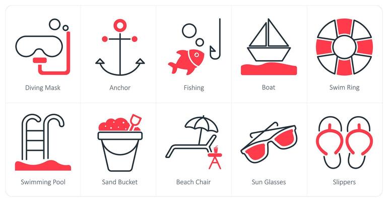 A set of 10 Summer and Vacation icons as diving mask, anchor, fishing