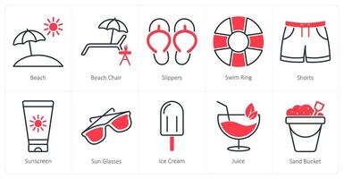 A set of 10 Summer and Vacation icons as beach, beach chair, slippers vector