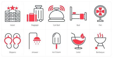 A set of 10 Summer and Vacation icons as hotel, baggage, call bell vector