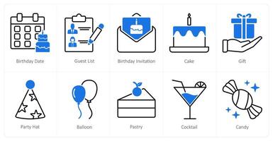 A set of 10 Party and Celebration icons as birthday date, guest list, birthday invitation vector