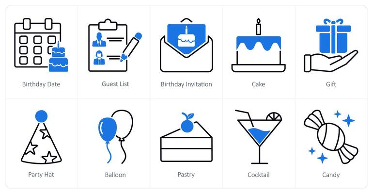 A set of 10 Party and Celebration icons as birthday date, guest list, birthday invitation