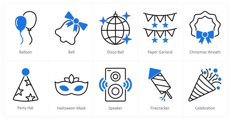 A set of 10 Party and Celebration icons as balloon, bell, disco ball