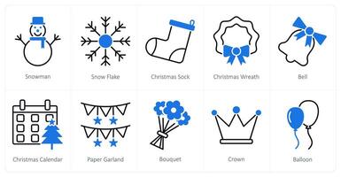 A set of 10 Party and Celebration icons as snowman, snow flake, christmas sock vector