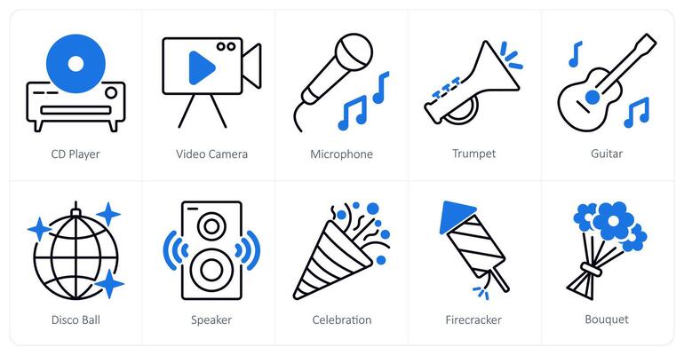 A set of 10 Party and Celebration icons as cd player, camera, microphone