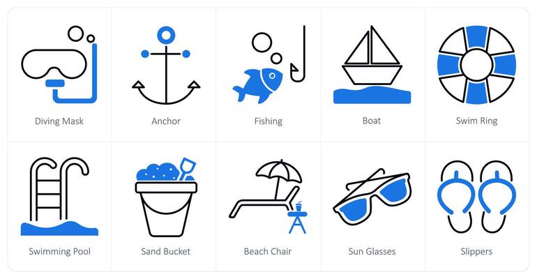 A set of 10 Summer and Vacation icons as diving mask, anchor, fishing