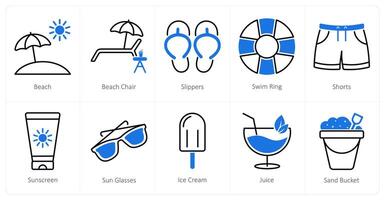 A set of 10 Summer and Vacation icons as beach, beach chair, slippers vector
