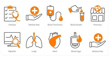 A set of 10 Mix icons as checkup, medical help, blood transfusion vector