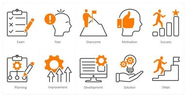 A set of 10 Mix icons as exam, fear, overcome vector