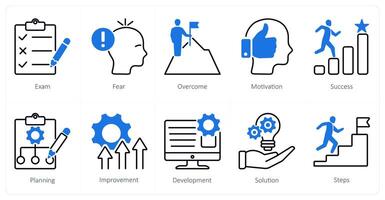A set of 10 Mix icons as exam, fear, overcome vector