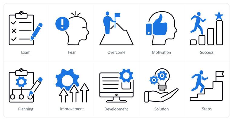 A set of 10 Mix icons as exam, fear, overcome