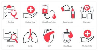 A set of 10 Mix icons as checkup, medical help, blood transfusion vector