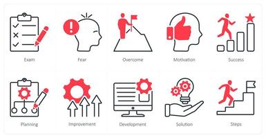 A set of 10 Mix icons as exam, fear, overcome vector