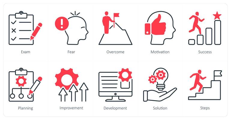 A set of 10 Mix icons as exam, fear, overcome