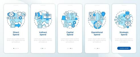 Types of corporate spending blue onboarding mobile app screen. Walkthrough 5 steps editable graphic instructions with linear concepts. UI, UX, GUI template vector