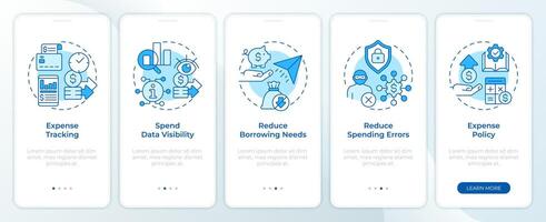 Spend organization benefits blue onboarding mobile app screen. Walkthrough 5 steps editable graphic instructions with linear concepts. UI, UX, GUI template vector