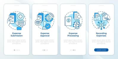 Expense management steps blue onboarding mobile app screen. Walkthrough 4 steps editable graphic instructions with linear concepts. UI, UX, GUI template vector