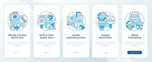 Spend management strategy blue onboarding mobile app screen. Walkthrough 5 steps editable graphic instructions with linear concepts. UI, UX, GUI template vector