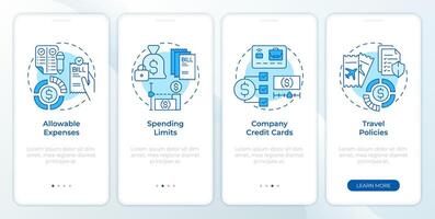Policy of management expenses blue onboarding mobile app screen. Walkthrough 4 steps editable graphic instructions with linear concepts. UI, UX, GUI template vector