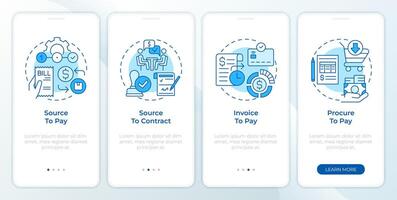 Documents of spend management blue onboarding mobile app screen. Walkthrough 4 steps editable graphic instructions with linear concepts. UI, UX, GUI template vector