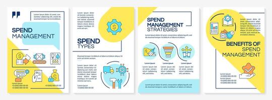 Spend management strategies blue and yellow brochure template. Leaflet design with linear icons. Editable 4 layouts for presentation, annual reports vector