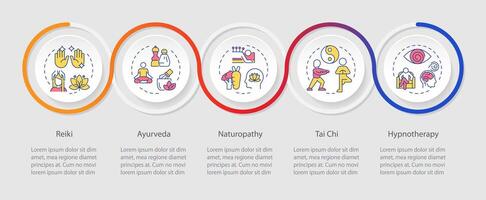 Alternative mental therapies infographics circles sequence. Spiritual healing, ayurveda. Visualization layout with 5 steps. Info chart loop process presentation vector