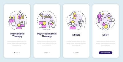 Types of psychotherapy onboarding mobile app screen. Walkthrough 4 steps editable graphic instructions with linear concepts. UI, UX, GUI template vector