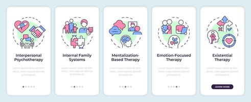 Psychotherapeutic approach types onboarding mobile app screen. Walkthrough 5 steps editable graphic instructions with linear concepts. UI, UX, GUI template vector