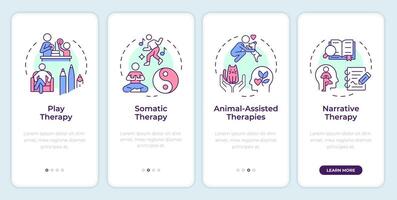 Types of counseling approaches onboarding mobile app screen. Walkthrough 4 steps editable graphic instructions with linear concepts. UI, UX, GUI template vector
