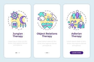 Psychodynamic therapy onboarding mobile app screen. Walkthrough 3 steps editable graphic instructions with linear concepts. UI, UX, GUI template vector