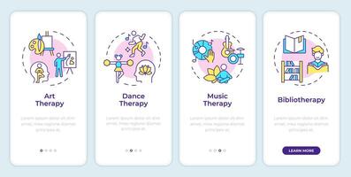 Expressive therapies onboarding mobile app screen. Walkthrough 4 steps editable graphic instructions with linear concepts. UI, UX, GUI template vector