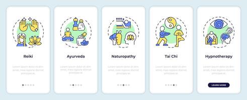 Alternative medicine and therapy onboarding mobile app screen. Walkthrough 5 steps editable graphic instructions with linear concepts. UI, UX, GUI template vector