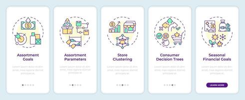 Assortment planning tools onboarding mobile app screen. Walkthrough 5 steps editable graphic instructions with linear concepts. UI, UX, GUI template vector