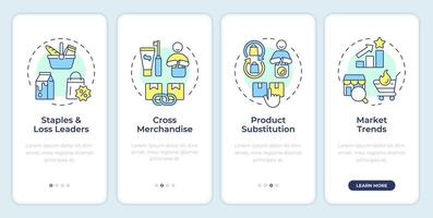 Product assortment optimization onboarding mobile app screen. Walkthrough 4 steps editable graphic instructions with linear concepts. UI, UX, GUI template vector