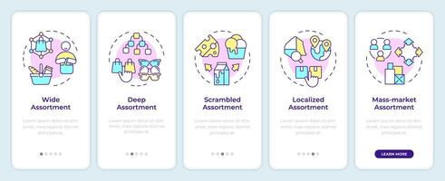Assortment planning models onboarding mobile app screen. Walkthrough 5 steps editable graphic instructions with linear concepts. UI, UX, GUI template vector