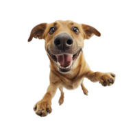 a dog is flying in the air with its mouth open on transparent background png