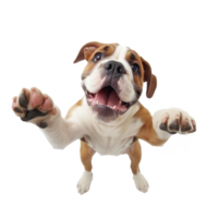 a dog is flying in the air with its mouth open on transparent background png