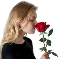 Close up blonde woman who plays touches and smells a red rose in a photographic studio png