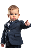 A young baby businessman points forward in isolation in a high-resolution image png