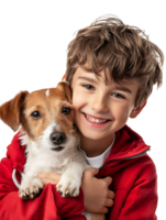 joyful young boy with a dog, isolated against a transparent background png