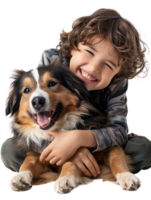 joyful young boy with a dog, isolated against a transparent background png