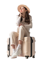 A woman sitting on a new suitcase isolated against a transparent background png