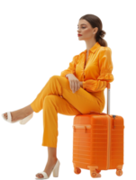 A woman sitting on a new suitcase isolated against a transparent background png