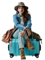 A woman sitting on a new suitcase isolated against a transparent background png