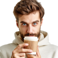 Man with paper cup of coffee isolated on transparent png