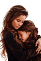 Mother and daughter hug alone against transparent background png