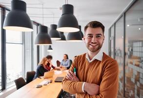 Confident Businessman Leading Collaborative Meeting in Modern Office Setting. photo