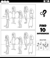 differences activity with cartoon young women coloring page vector